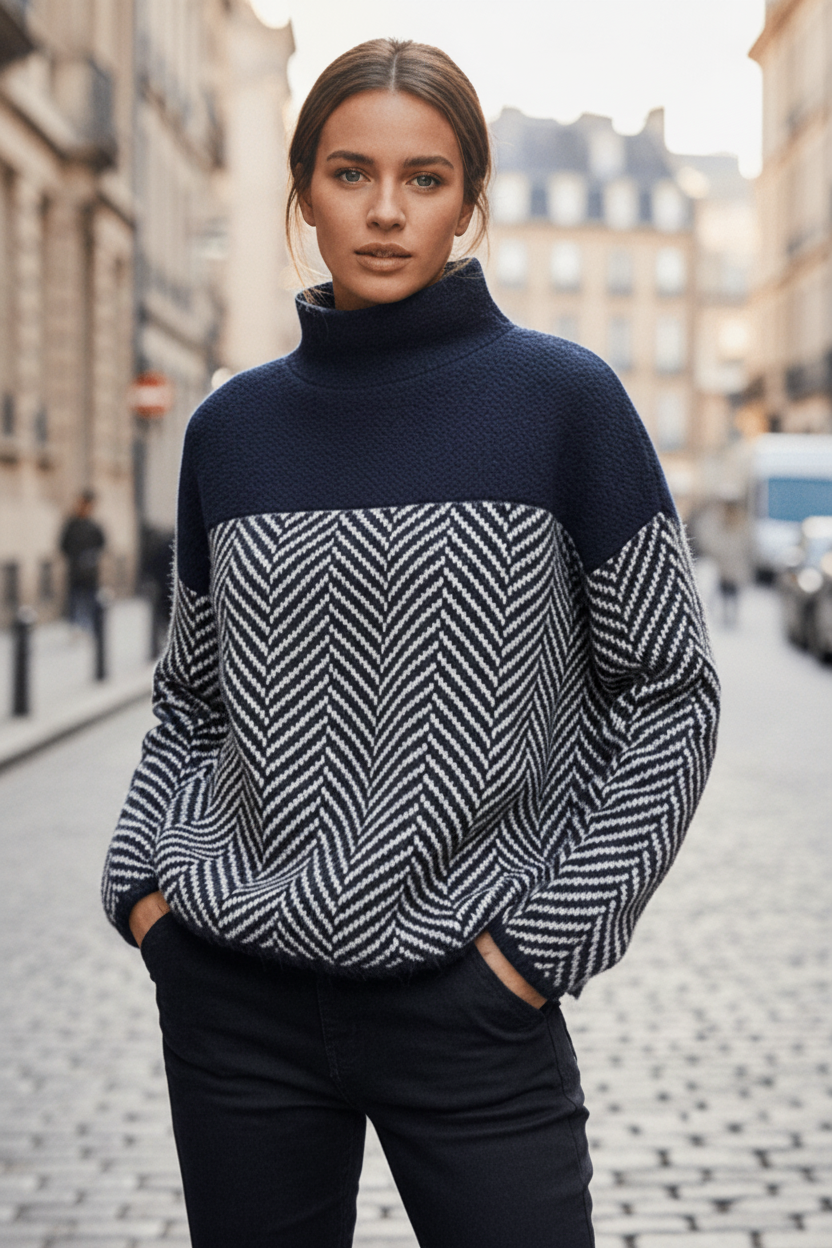 Elegant women's textured knit sweater with a stand-up collar. Versatile long sleeve top for casual chic looks.