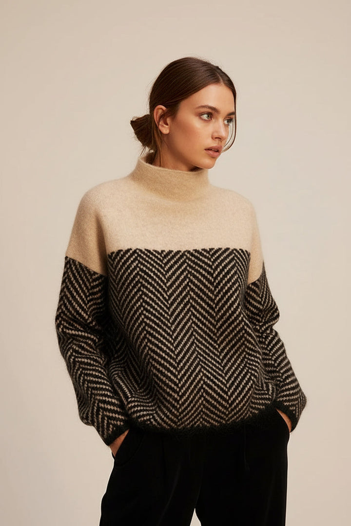 Cozy women's stand-up collar knit sweater. Effortless fall fashion, a relaxed fit long sleeve jumper for comfort.