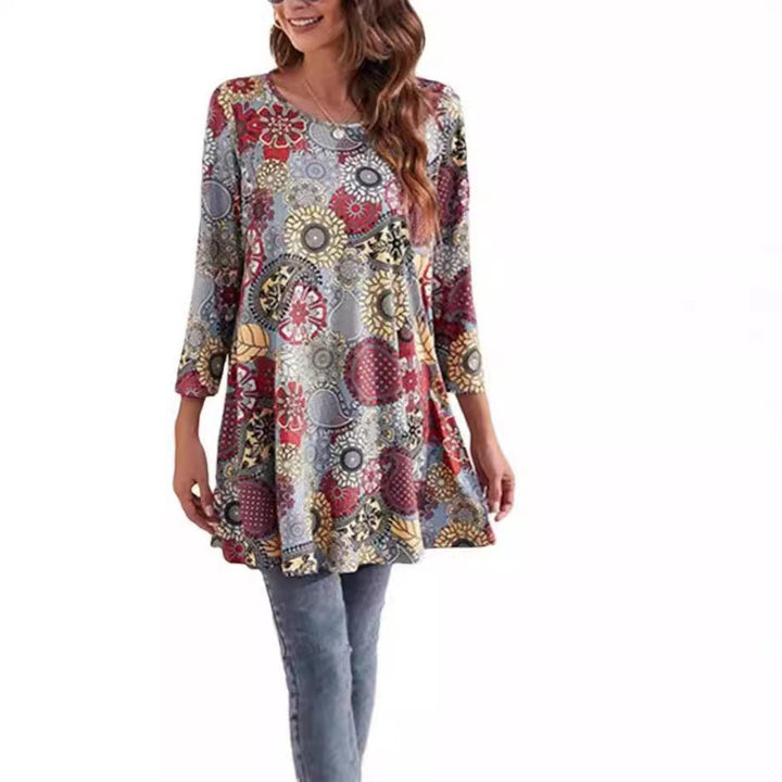 Versatile Women's Mandala Print Swing Tunic Top. Three-quarter sleeve, relaxed fit boho style for casual spring fashion.