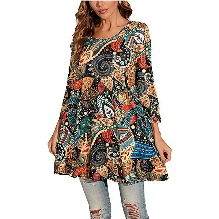 Effortless style: Women's Mandala Print Swing Tunic Top. Relaxed fit, three-quarter sleeves, perfect for casual wear.