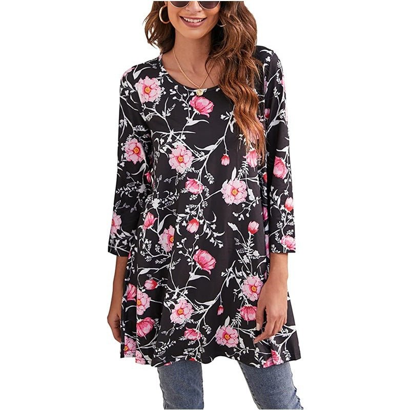Women's three-quarter sleeve Mandala Print Tunic Top. Swing style, boho chic, ideal for casual spring & summer outfits.