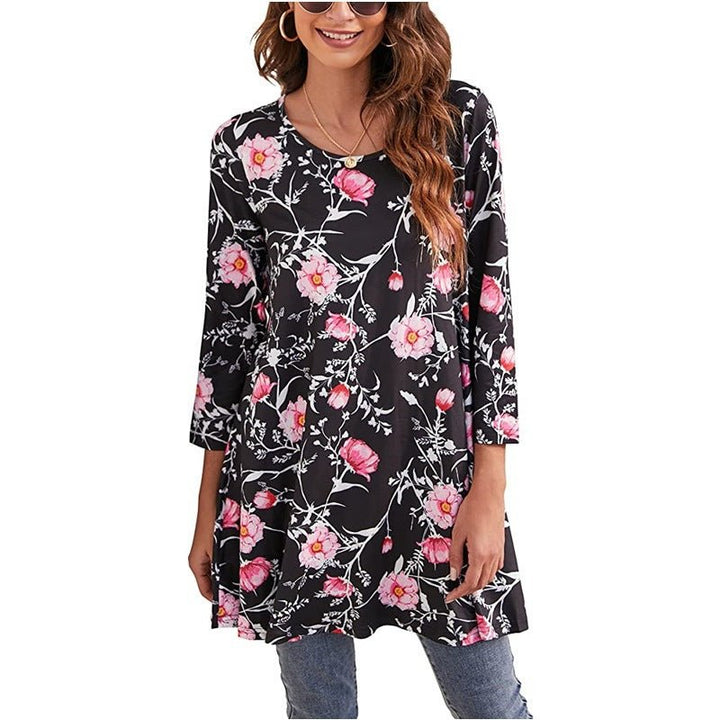 Women's three-quarter sleeve Mandala Print Tunic Top. Swing style, boho chic, ideal for casual spring & summer outfits.