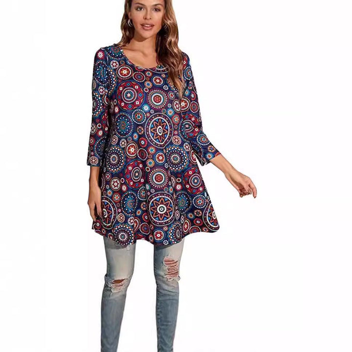 Soft, flowy Women's Mandala Print Tunic Top. Relaxed fit swing style, perfect for casual spring & summer fashion.