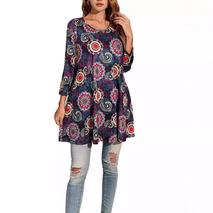 Back view of Women's Mandala Print Swing Tunic Top, showing flowy relaxed fit. Ideal for spring & summer casual wear.