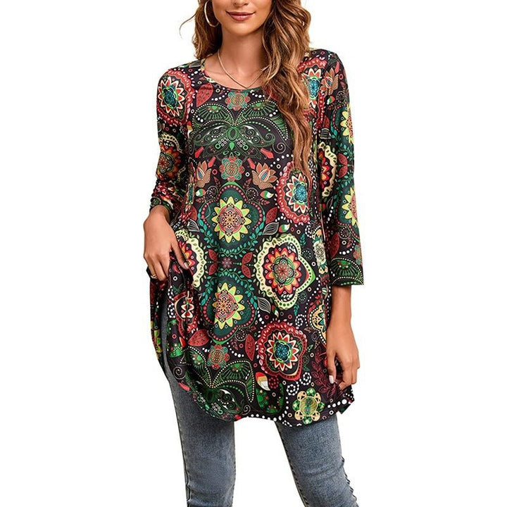Boho chic Women's Mandala Print Swing Tunic Top. Versatile, relaxed fit with three-quarter sleeves for casual fashion.