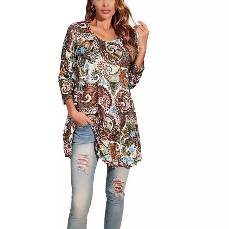 Perfect summer/spring fashion: Women's Mandala Print Swing Tunic Top. Relaxed fit, three-quarter sleeves, casual style.