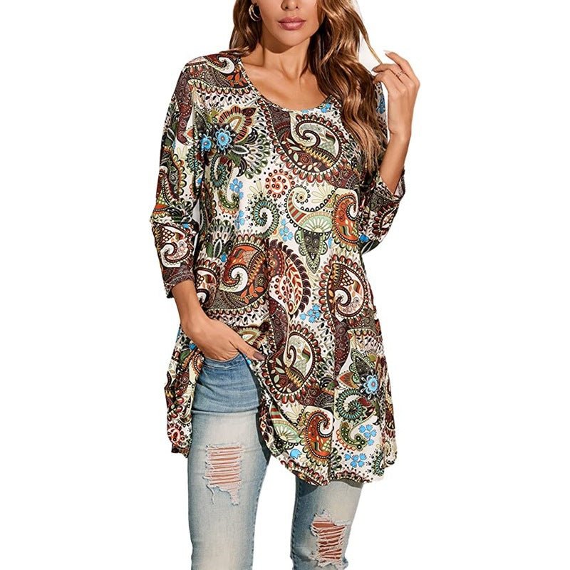 Relaxed fit Women's Mandala Print Swing Tunic Top. Comfortable three-quarter sleeve boho chic style for everyday wear.