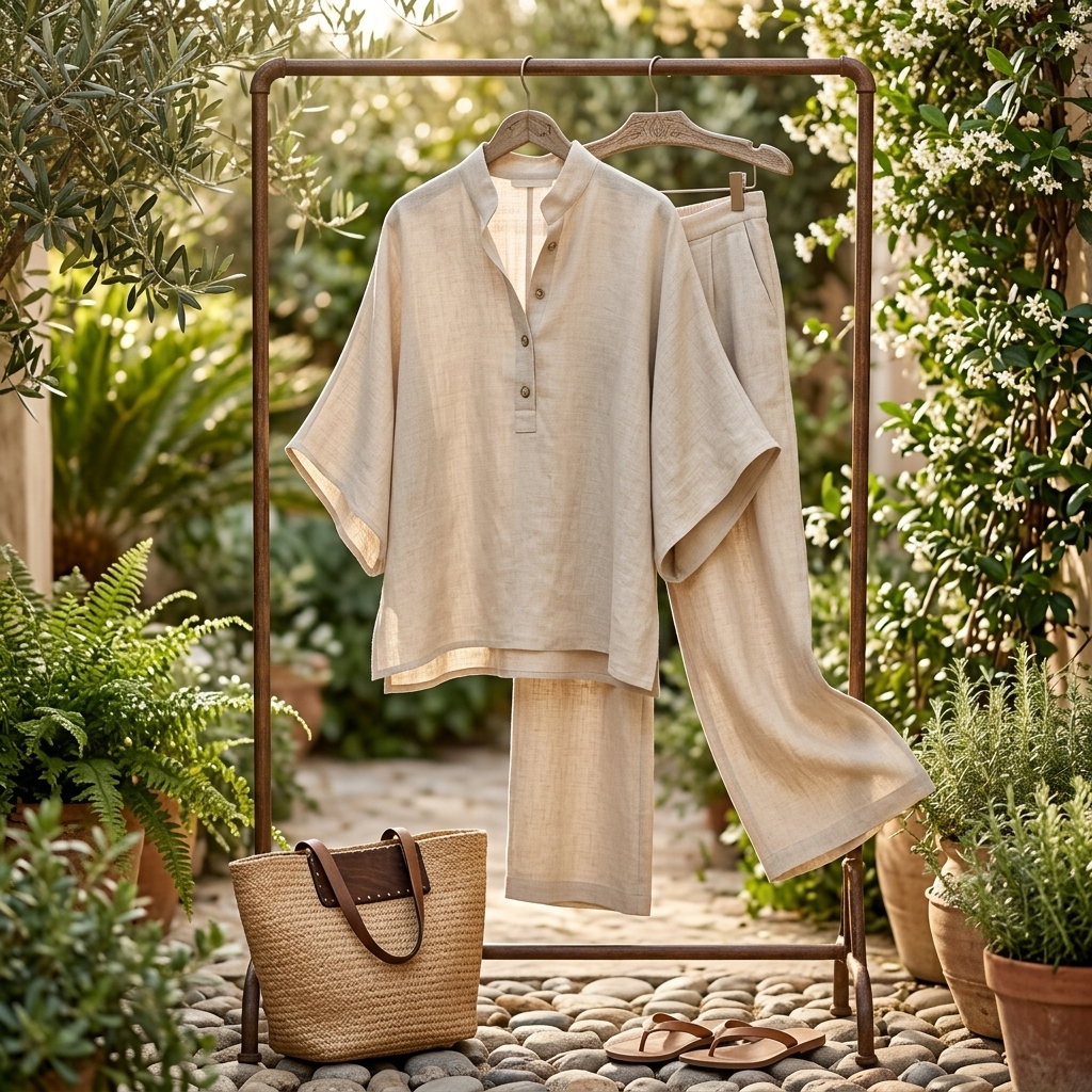 Front view of women's fashion set: Mandarin collar kimono top and matching wide-leg pants, summer style.