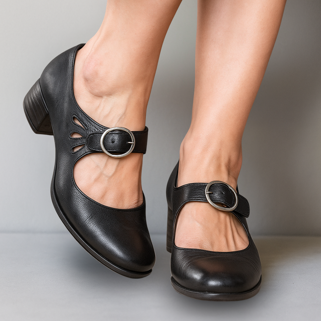 Women's Mary Jane shoes with buckle strap and comfortable block heel. Classic, versatile ladies' footwear.