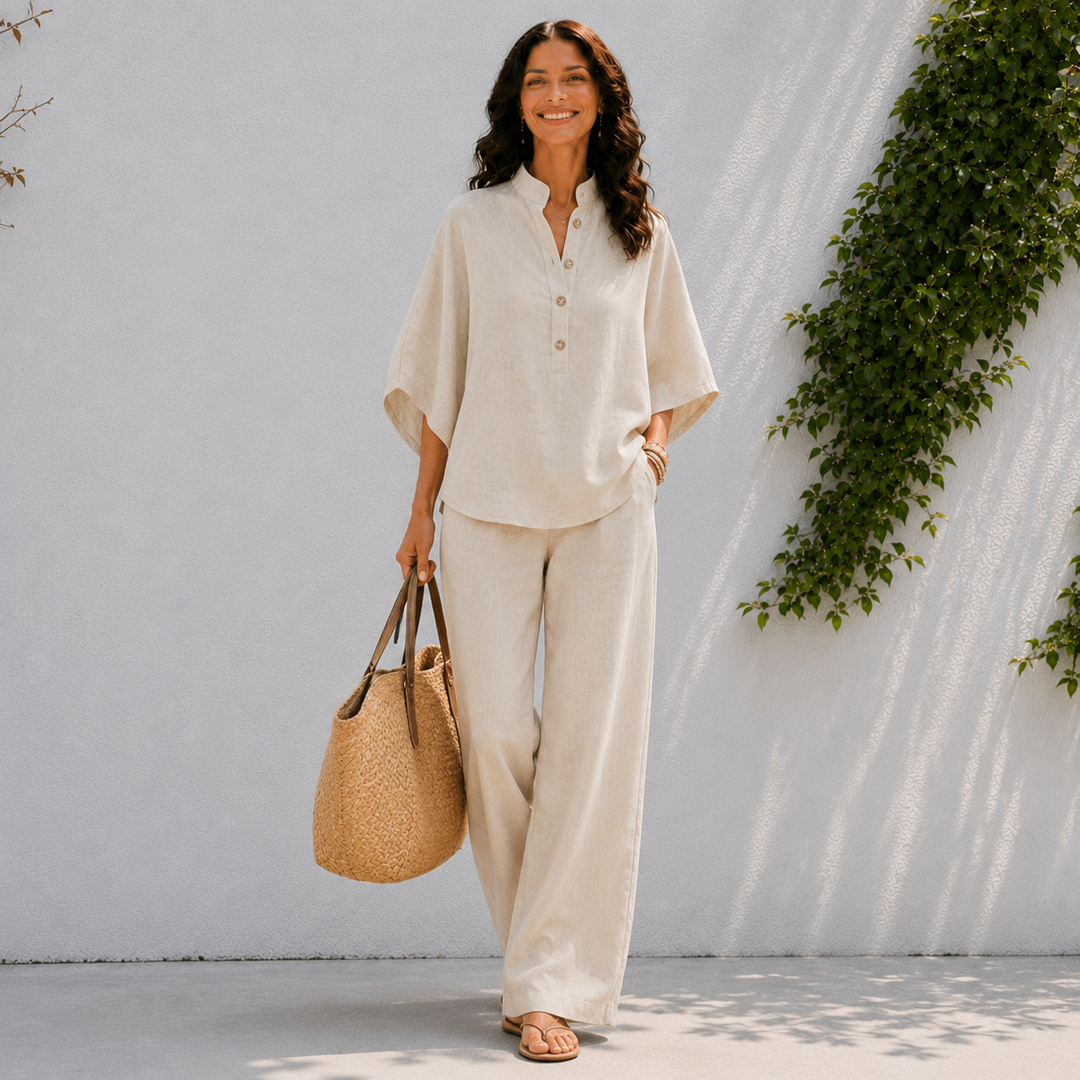 Women's matching oversized blouse & wide pants set, perfect for comfortable travel and vacation.