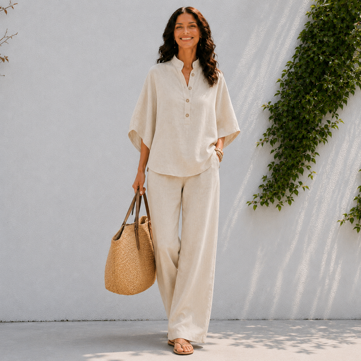 Women's matching oversized blouse & wide pants set, perfect for comfortable travel and vacation.