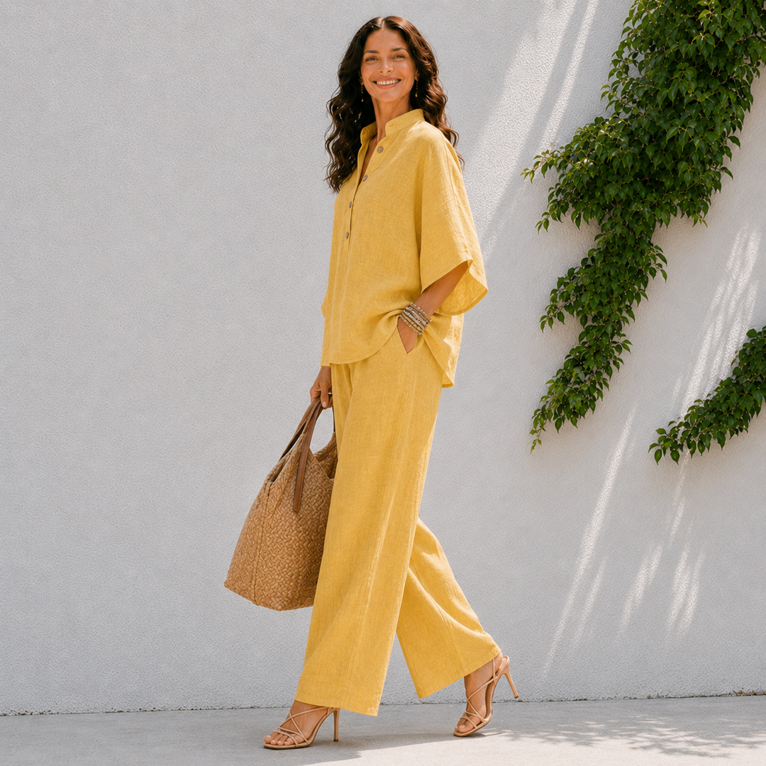Women's comfortable two-piece travel set, featuring an oversized drop-shoulder blouse and flowy wide pants.