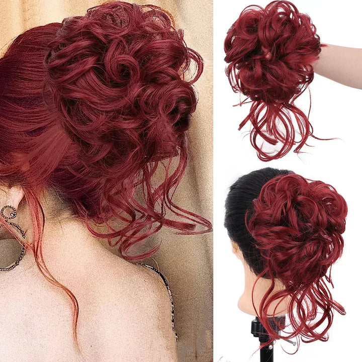 Hair styling made easy: Messy bun hair piece with curls for quick, full updos.
