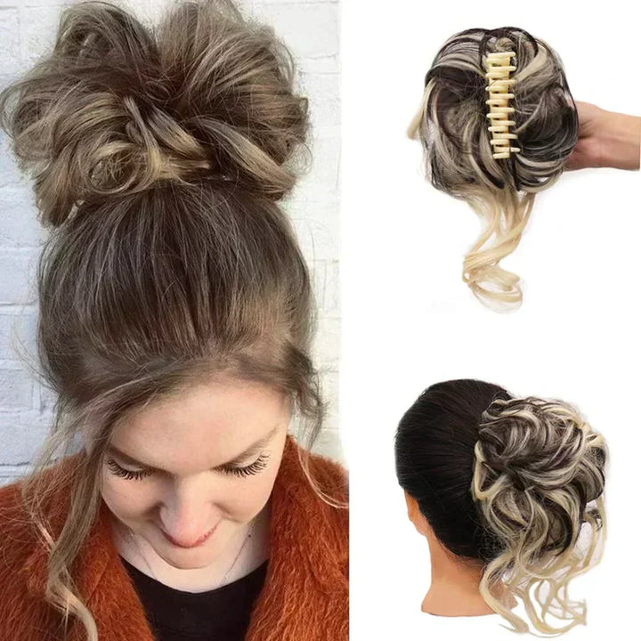 Convenient messy bun hair accessory with curly texture, creates instant volume.