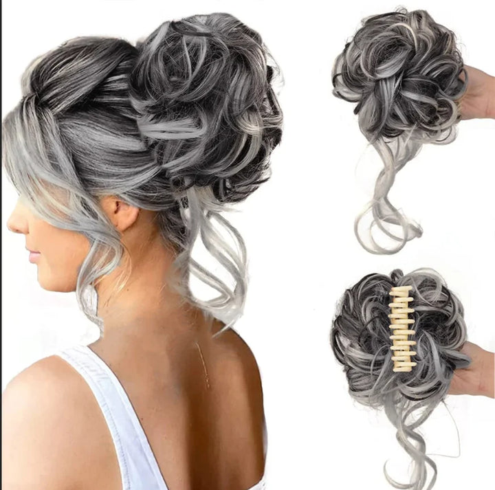 Easy clip-in messy bun hair extension with curls, perfect for everyday volume.