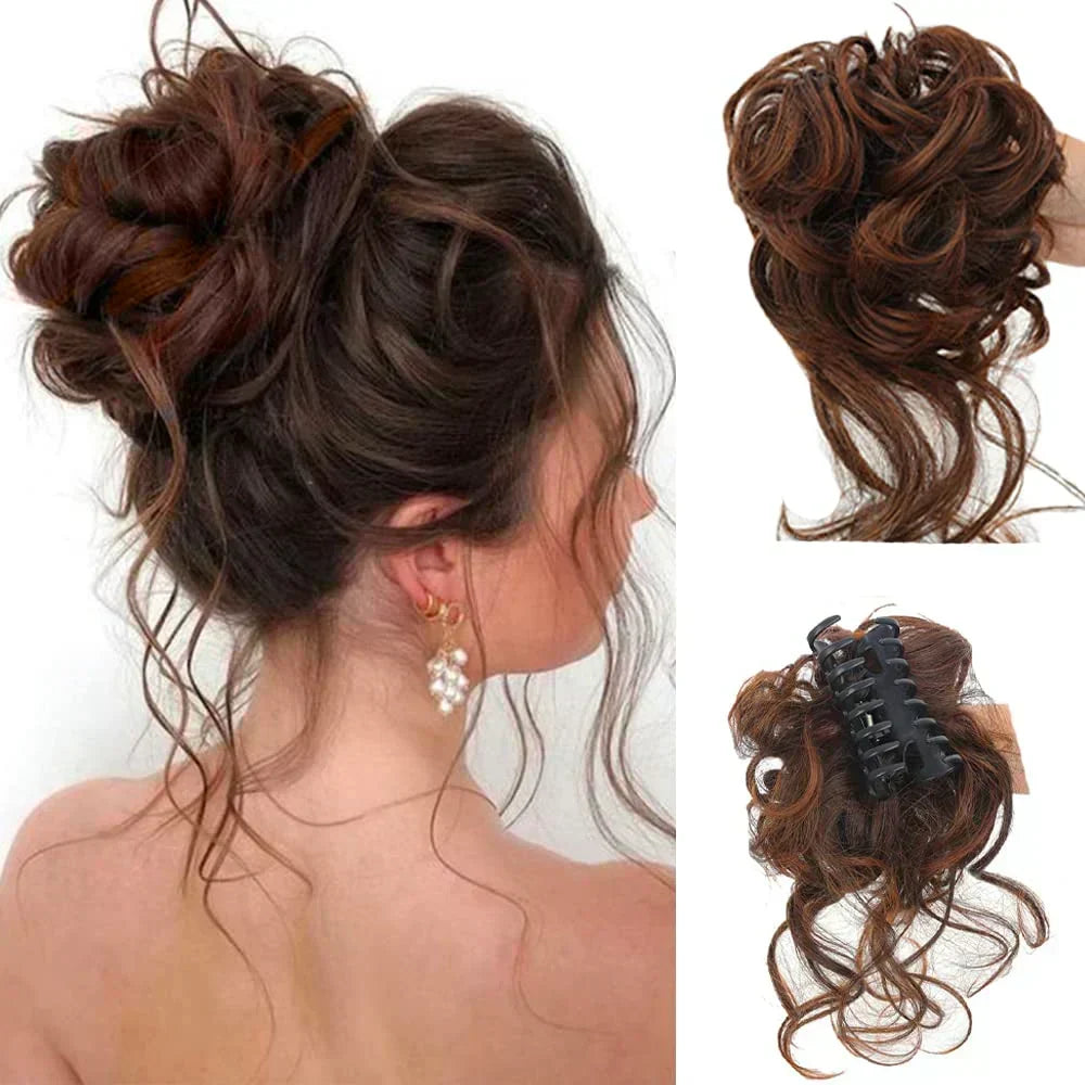 Voluminous messy bun hair piece with bouncy curls, ideal for women's updos.