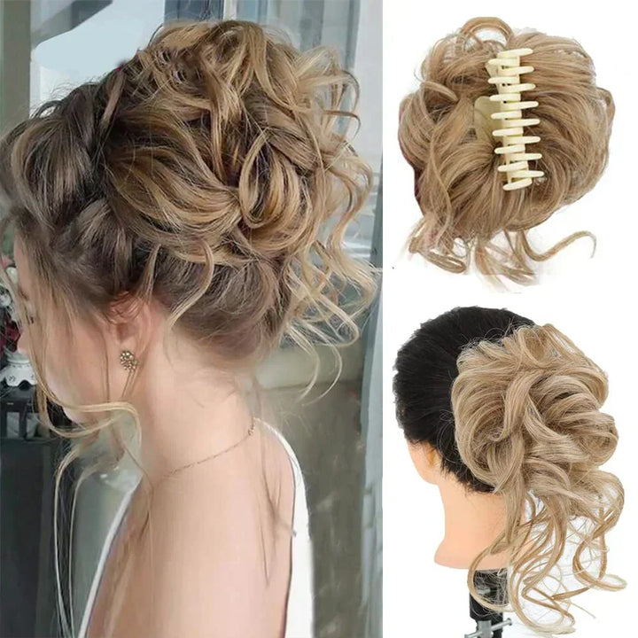 Messy curly bun hair clip for women, provides instant volume and a stylish updo.