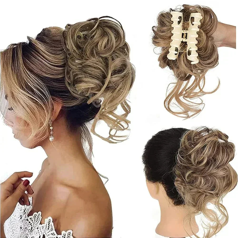Quick style curly messy bun hair accessory, adds instant volume and texture.