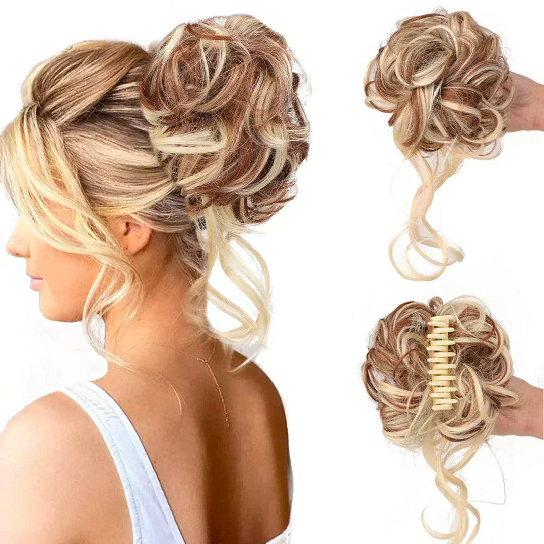Realistic curly messy bun hair extension clip, perfect for quick styling.