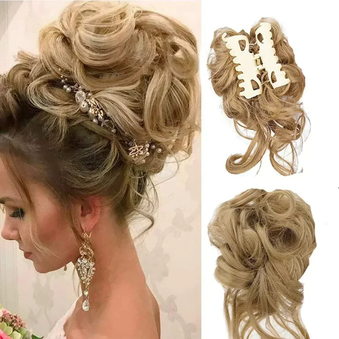 Effortless messy bun hair piece with curls, adds instant volume to any updo.