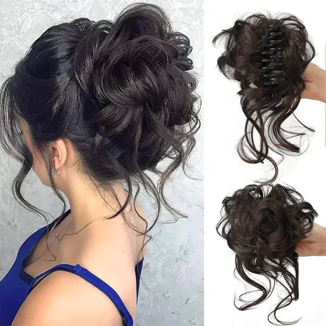 Hair accessory: Women's messy curly bun clip for a chic, voluminous look.