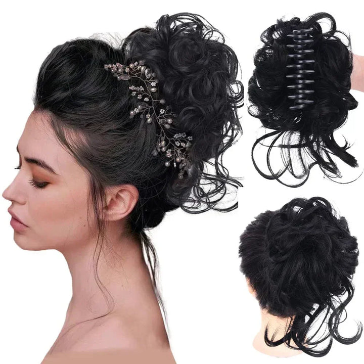 Stylish women's messy bun hair clip with natural-looking curls & volume.