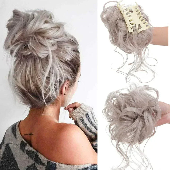 Women's hair extension: Messy bun clip with curls for an easy, voluminous ponytail.