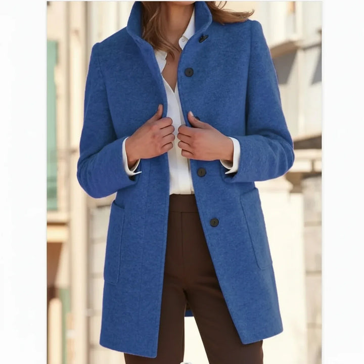 Stylish women's mid-length fall coat, versatile button-front outerwear. Ideal for everyday fashion & warmth.