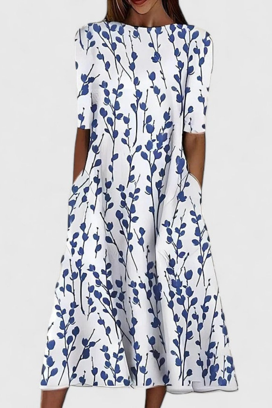 Women's midi A-line dress with short sleeves, round neck, and practical pockets, ideal for casual summer wear.