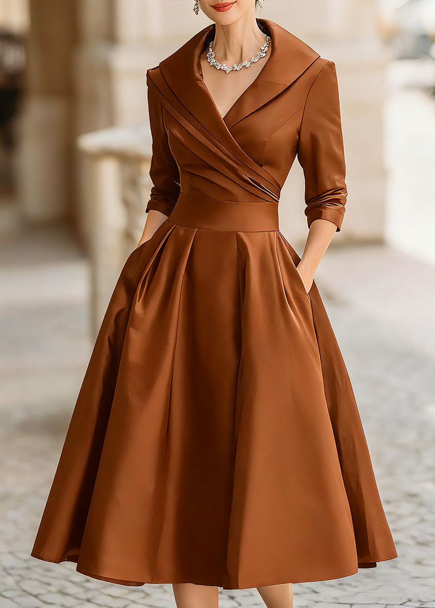 Formal evening gown: women's midi dress with sophisticated draped collar & functional pockets. Perfect for events.