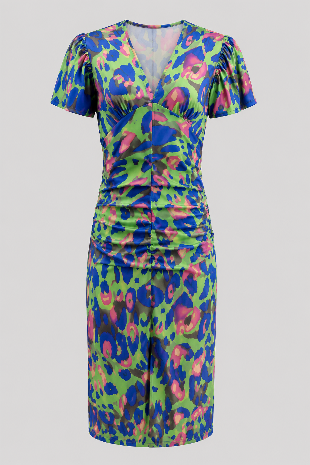 Elegant summer midi dress for women with colorful abstract print, puff sleeves, and a flattering gathered waist. V-neck style.