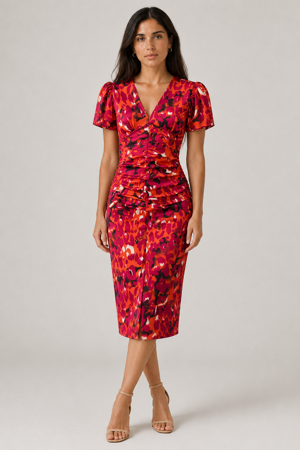 Colorful abstract print women's midi dress. Features puff sleeves, gathered waist, and a stylish V-neck. Perfect for spring.