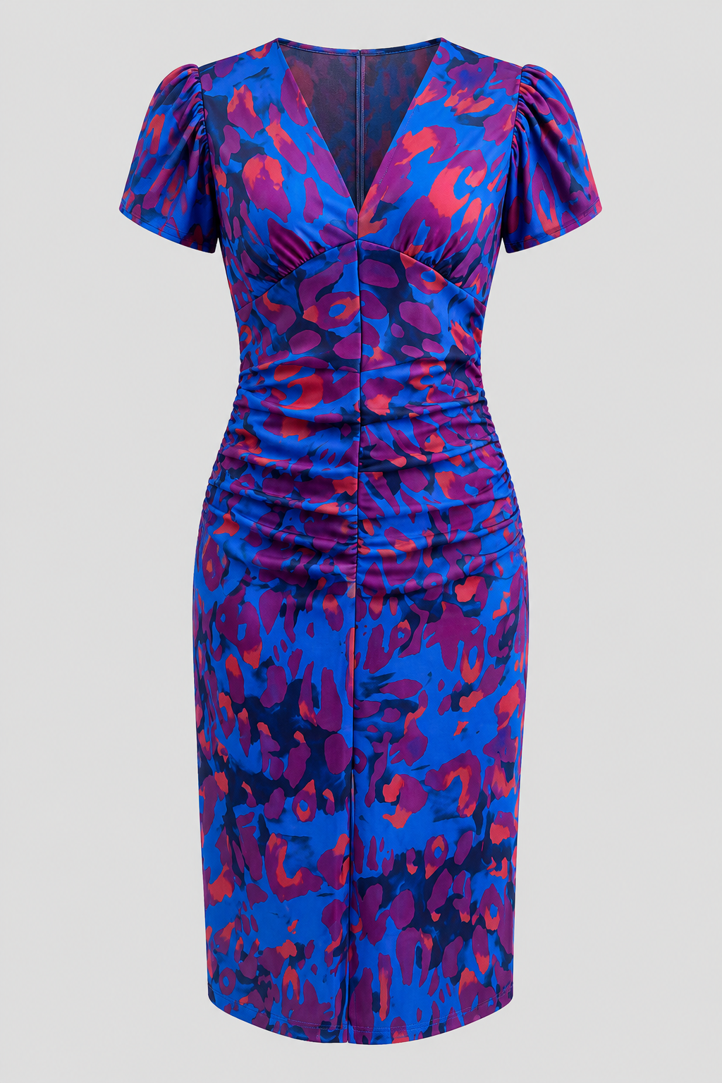 Elegant women's midi dress: puff sleeves, gathered waist, V-neck, and a beautiful abstract print. Flattering spring wear.