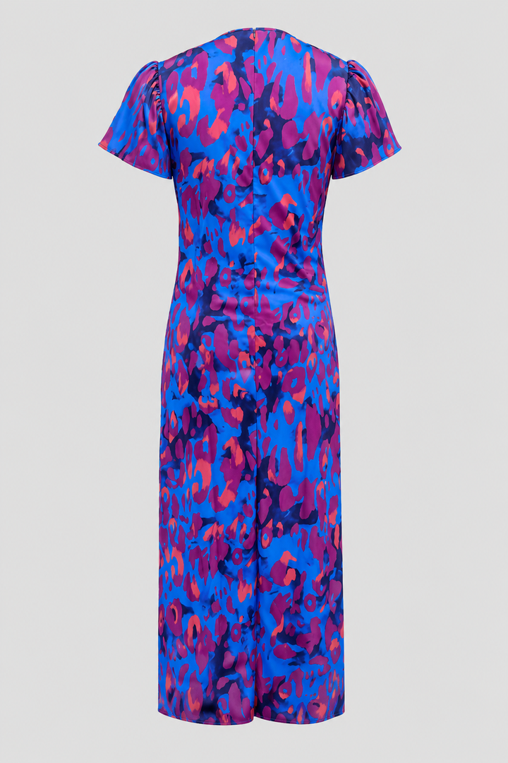 Women's V-neck midi dress, puff sleeves, gathered waist, and colorful abstract print. Stylish and flattering for summer.