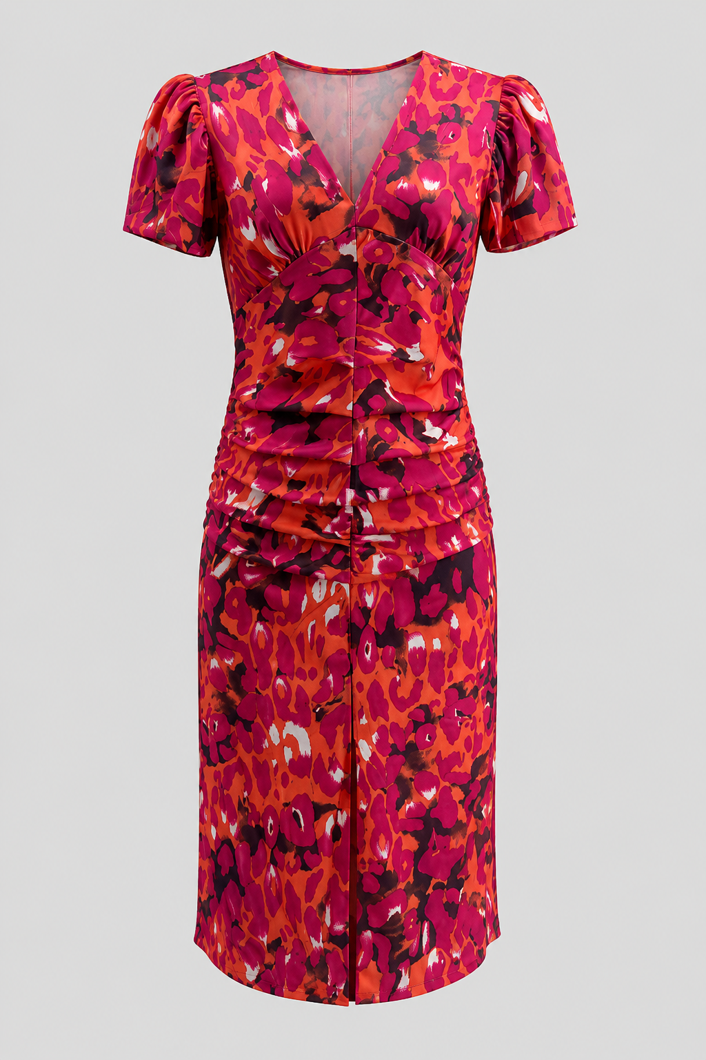 Casual spring midi dress for women, featuring puff sleeves, gathered waist, and a vibrant abstract print. Comfortable V-neck.