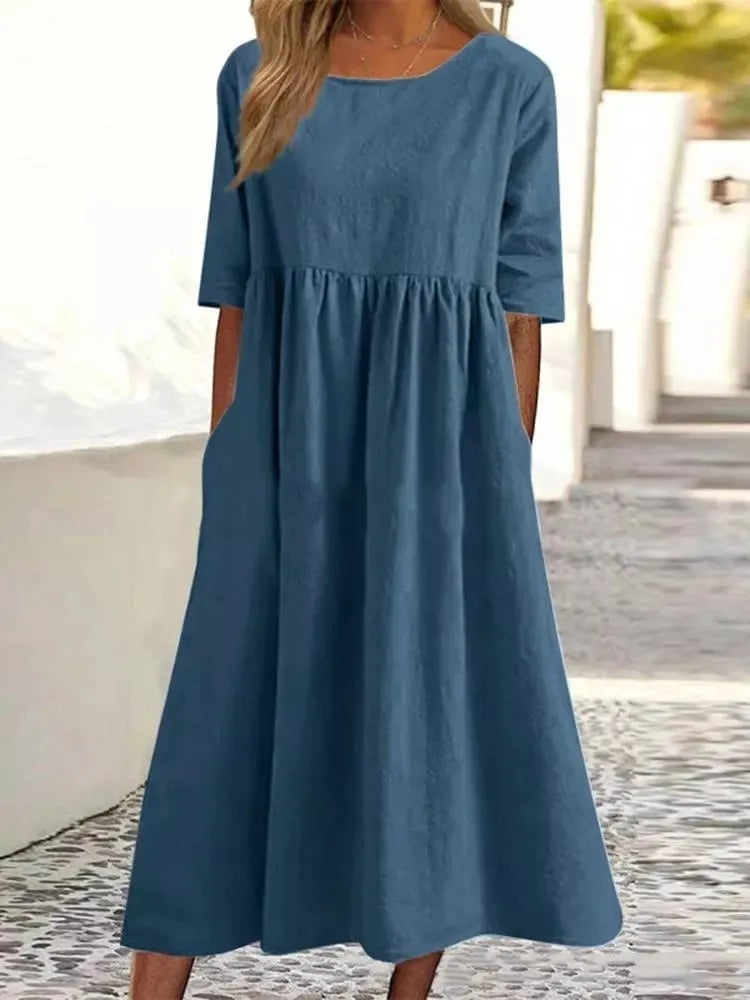 Women's midi round neck dress, short sleeve, comfortable & flowy, perfect for summer casual wear.