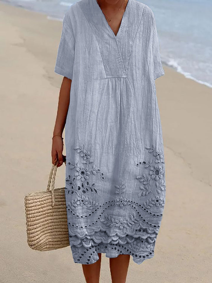 Flowy Mila midi dress for women, short sleeve, casual bohemian style, ideal for comfortable day wear.