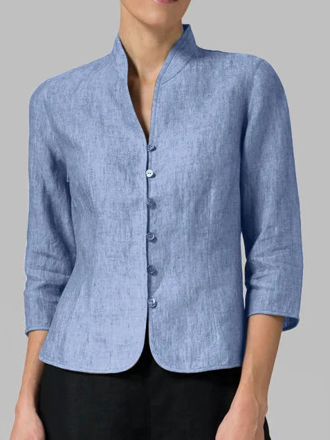 Women's minimalist button-front blouse, 3/4 sleeve, relaxed fit, perfect for casual chic or workwear.