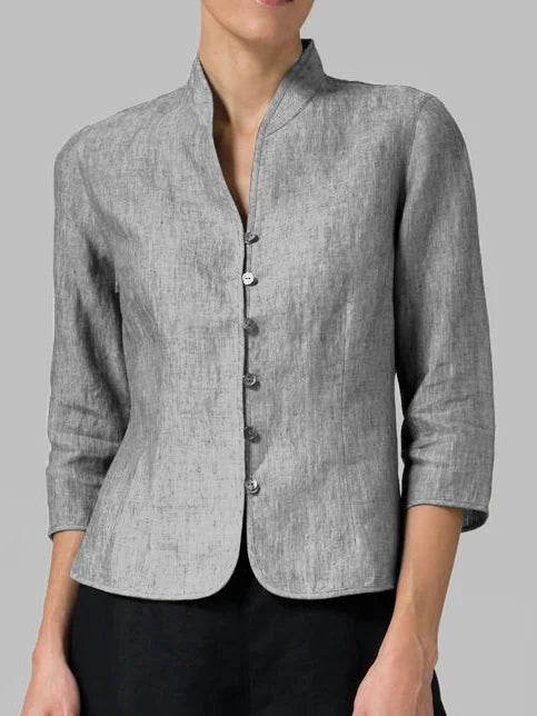 Comfortable women's 3/4 sleeve blouse with button front. Relaxed fit minimalist top for versatile fashion.