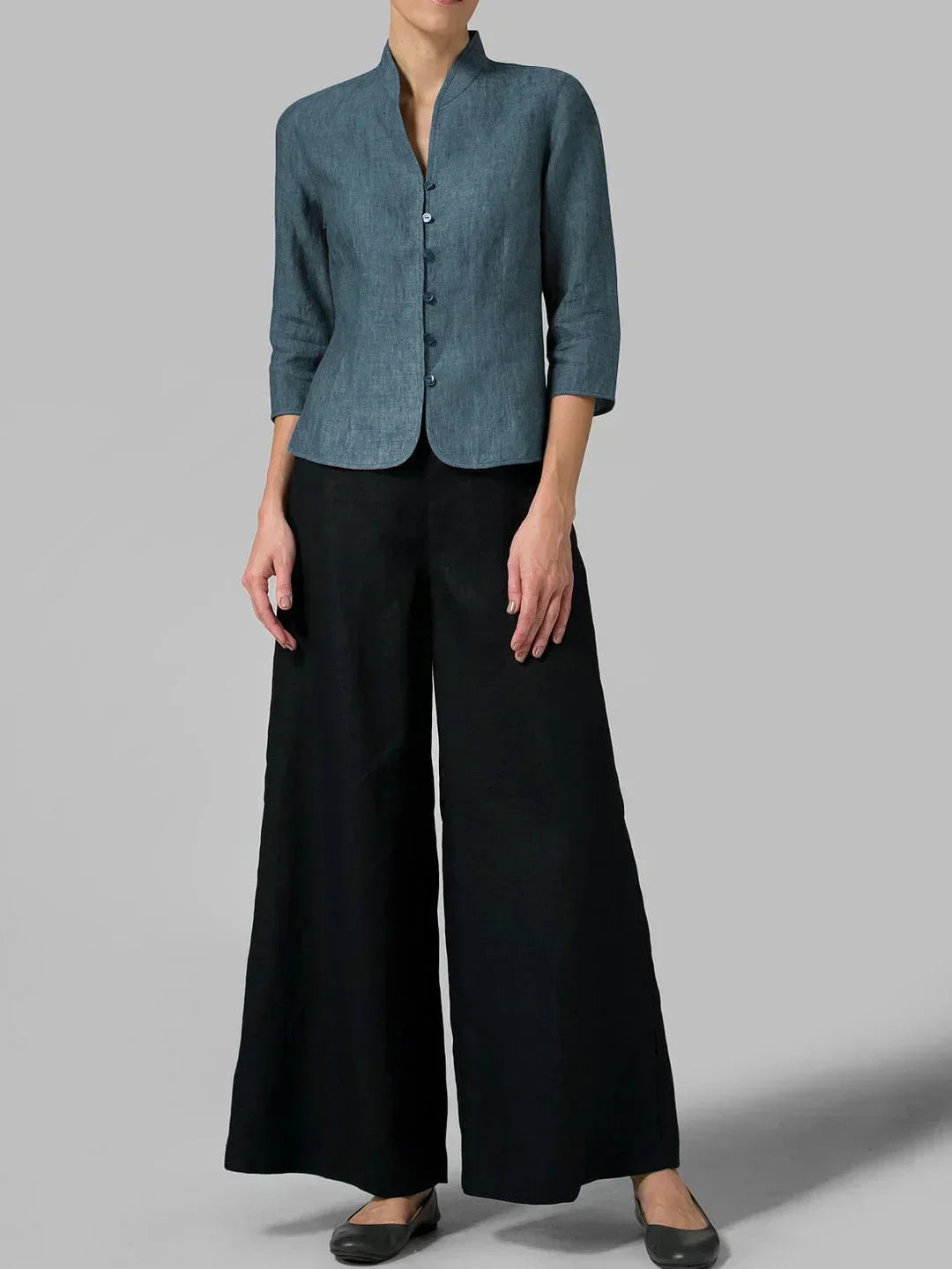Clean & modern women's button-front blouse. Effortless minimalist 3/4 sleeve top, relaxed fit for comfort.