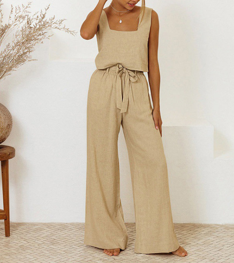 Women's minimalist two-piece set featuring a chic top and wide-leg pants. Perfect for casual elegance & modern style.