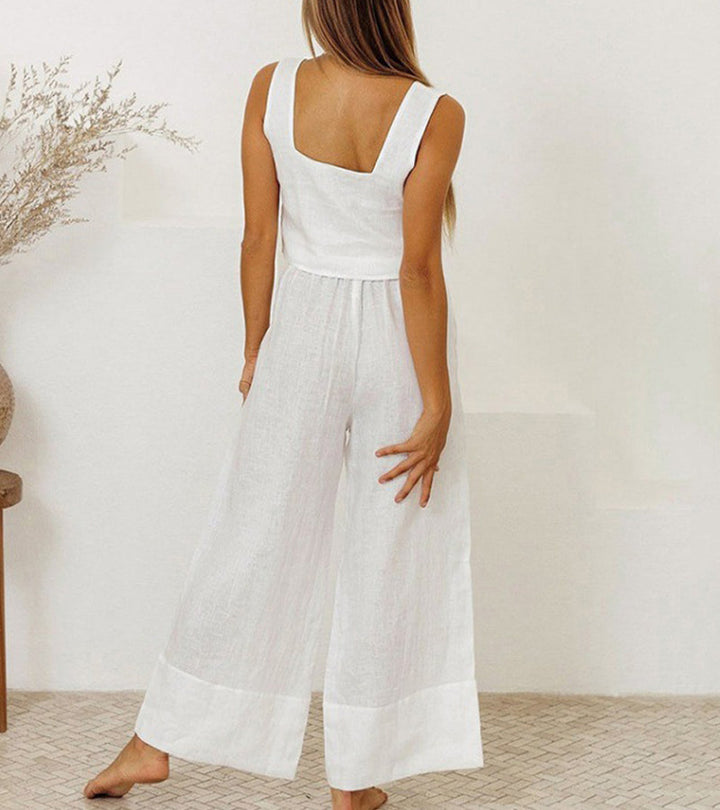 Elegant women's matching two-piece set: a minimalist top paired with comfortable wide-leg pants. Versatile for any occasion.