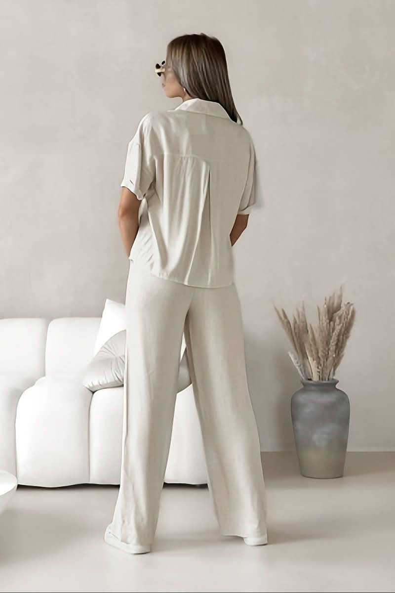 Stylish women's matching two-piece set. Minimalist design for casual chic spring summer fashion.