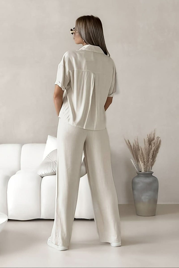 Stylish women's matching two-piece set. Minimalist design for casual chic spring summer fashion.