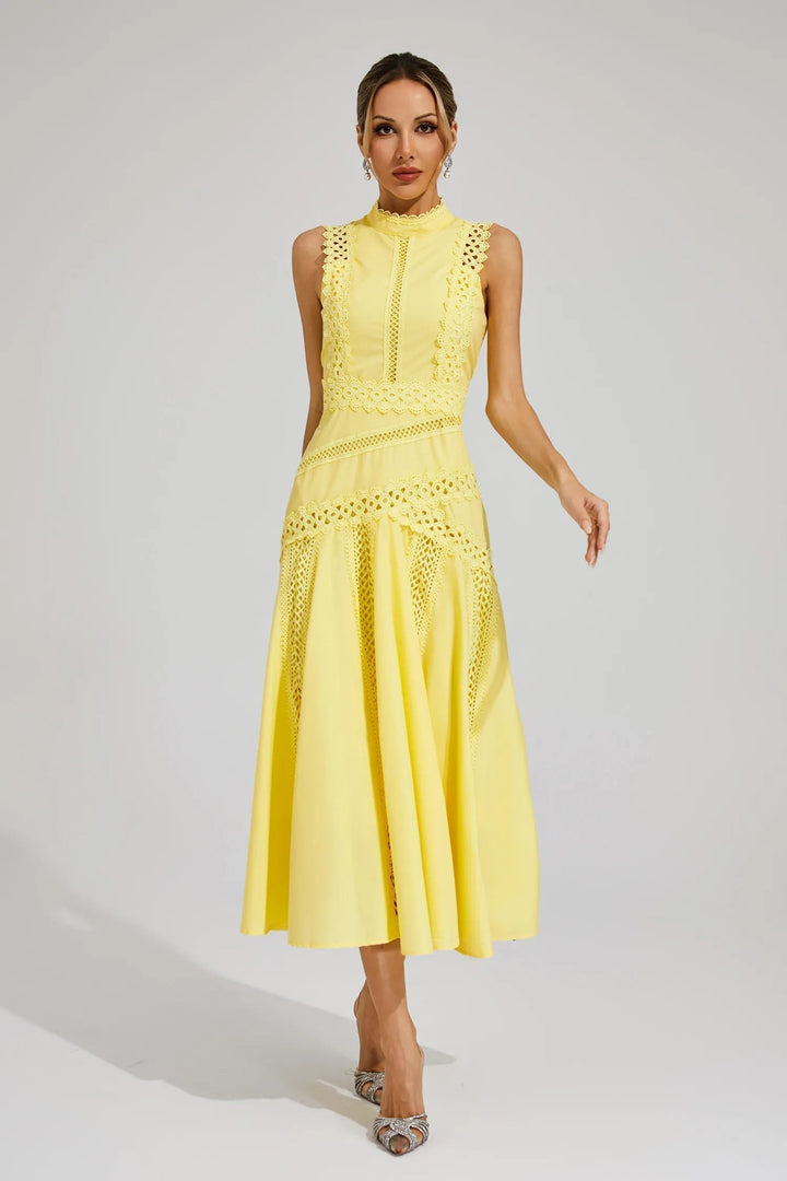 Women's mock neck A-line midi dress with delicate lace, perfect for wedding guests & formal events.