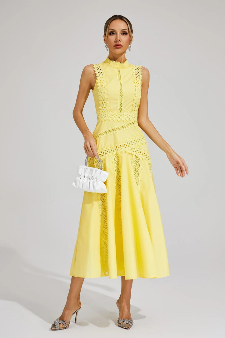Beautiful women's formal lace A-line midi dress, mock neck, sleeveless. Great for parties or wedding guests.