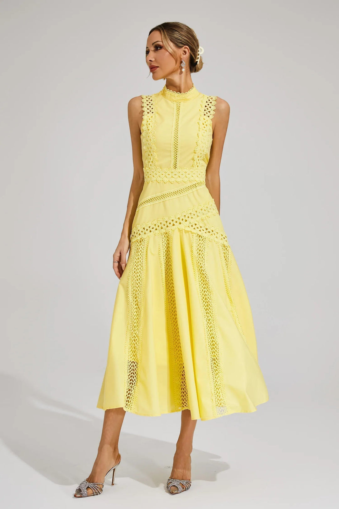 Intricate lace mock neck A-line midi dress for women. Elegant sleeveless design, perfect for wedding guests.