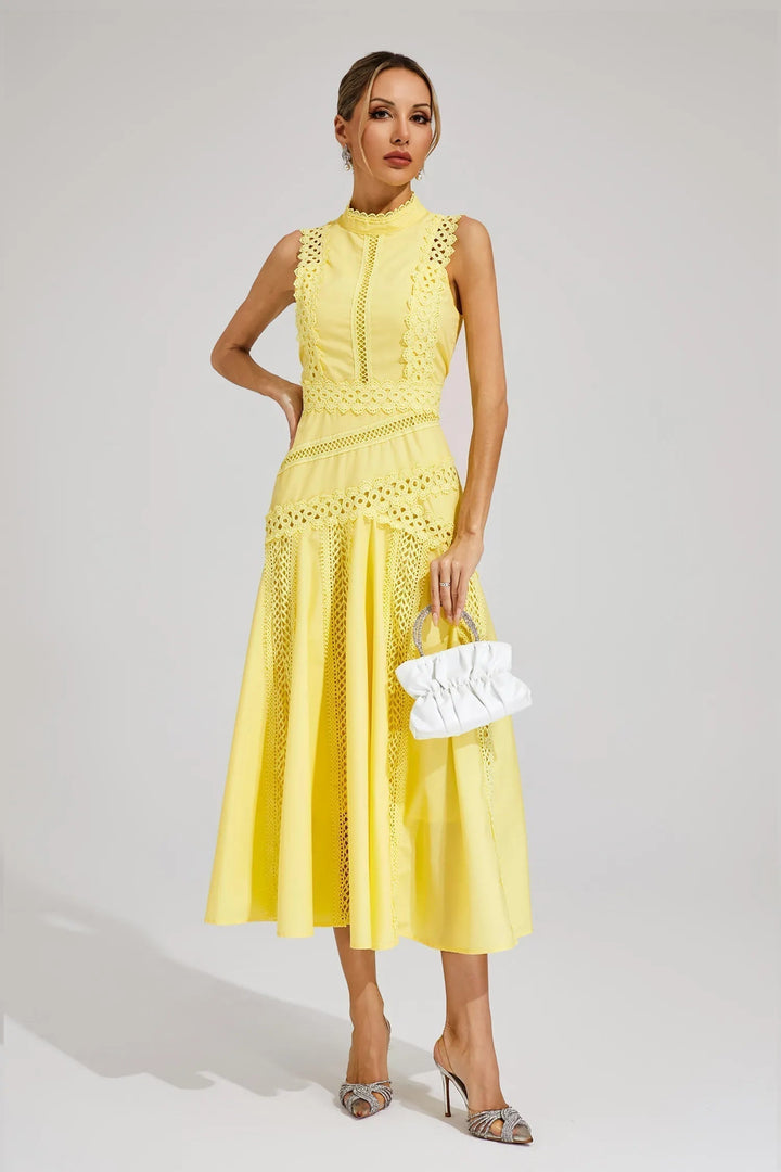 Women's elegant mock neck lace A-line midi dress. Ideal as a wedding guest dress or for formal parties.