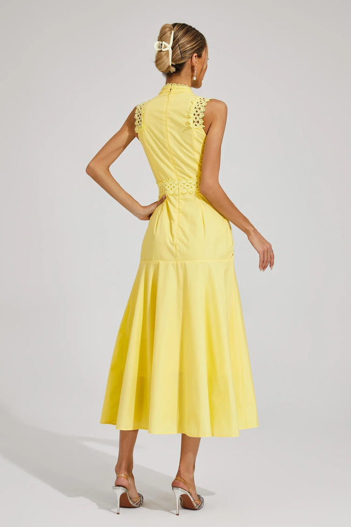 Chic sleeveless lace A-line midi dress with mock neck. Stunning formal wear for wedding guests & special events.