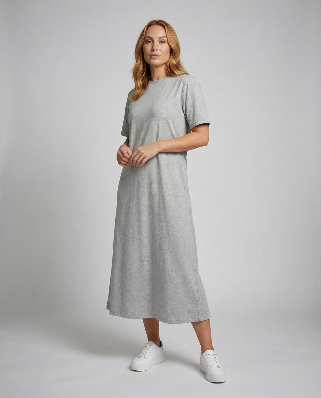 Women's mock neck short sleeve maxi dress with stylish side split. Ideal for casual spring & summer wear.